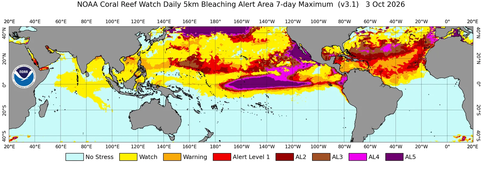 NOAA Coral Reef Watch map of the 7-day maximum Bleaching Alert Area across the tropics, coloured from No Stress through Alert Level 5